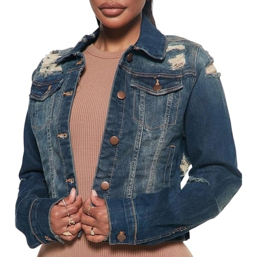 Fashion Nova Womens Denim Jacket Size 3X Blue Distressed Button Front Trucker